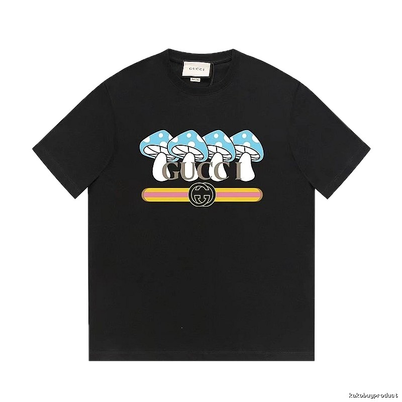 Gucci Mushroom Print Cool and Trendy Style Black Short-sleeve T-shirt
