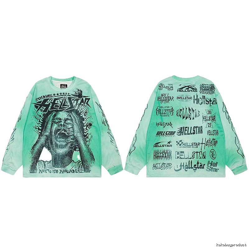 Hellstar All-over Portrait Print Street Style Mint Green Long Sleeve