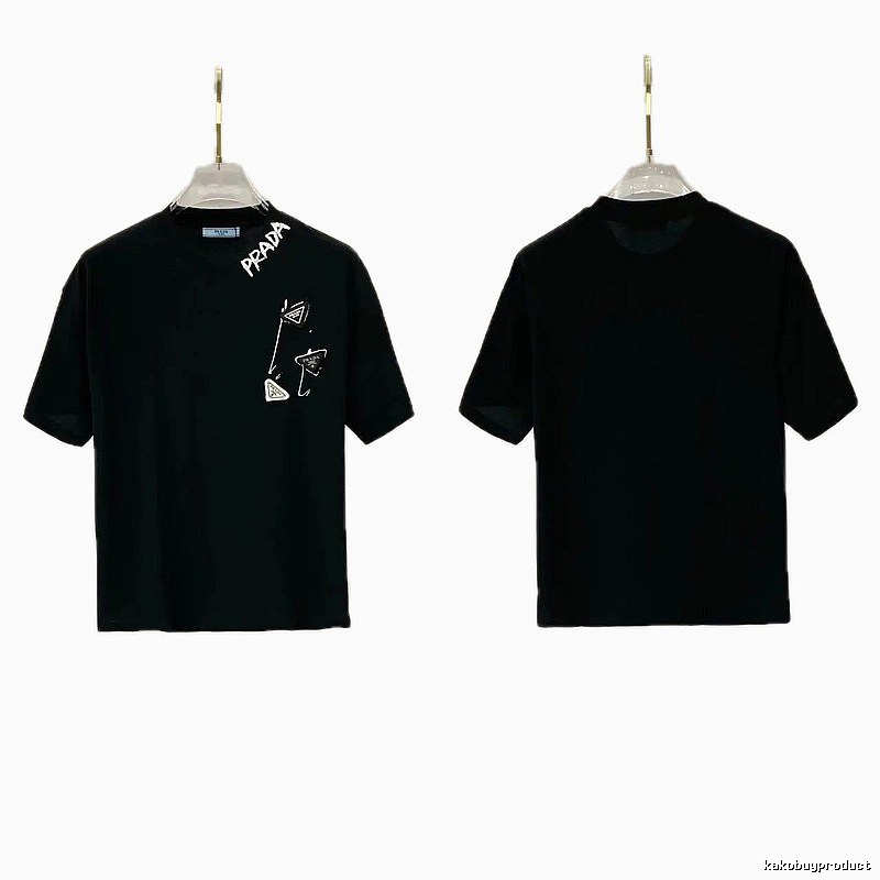 Prada Inverted Triangle Streetwear Style Black Short-sleeve T-shirt