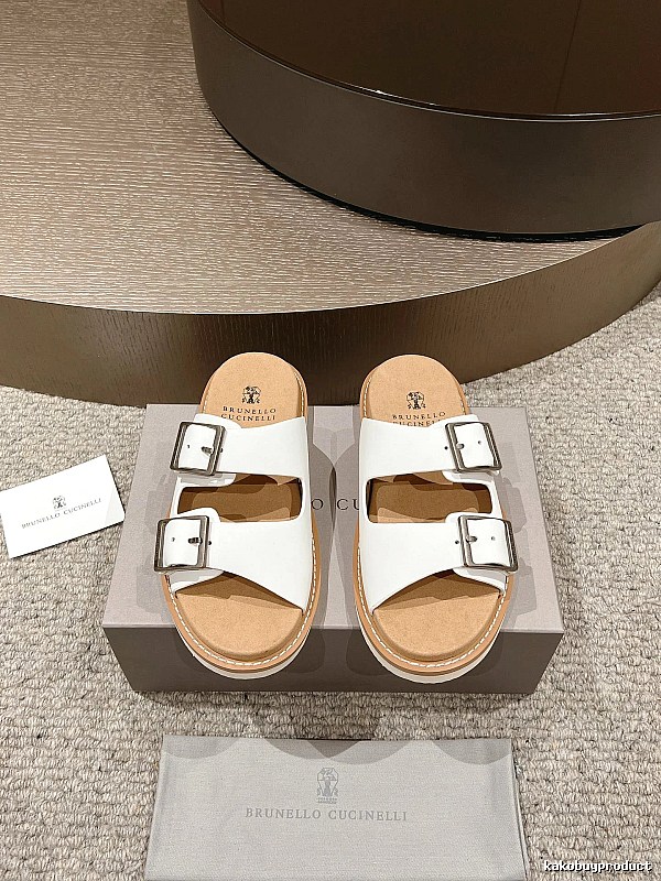 Brunello Cucinelli Double-Button Minimalist-Style White Slide Sandals