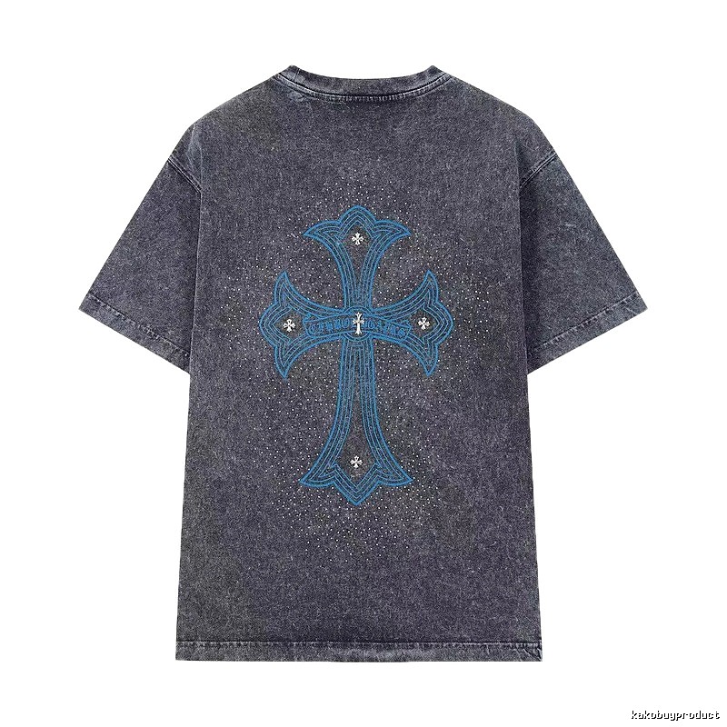 Chrome Hearts Blue Cross Vintage Charcoal Gray Short Sleeve T-shirt