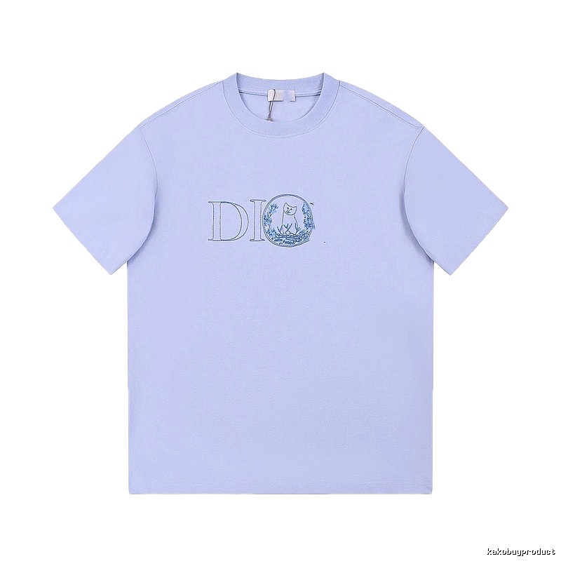 Dior Cat-Embroidered Casual Light Purple Short-sleeve T-Shirt