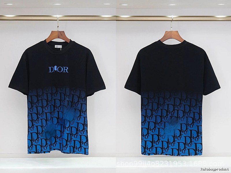 Dior Classic Monogram Trendy Style Black-Blue Gradient T-Shirt