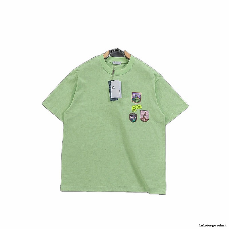 Dior Embroidered Badge Casual Style Lime Green T-Shirt