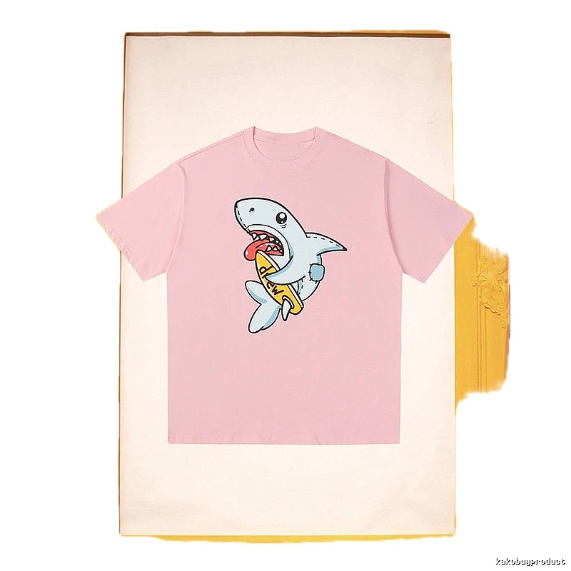 DREW Cartoon Shark Street Style Pink Short-sleeve T-shirt