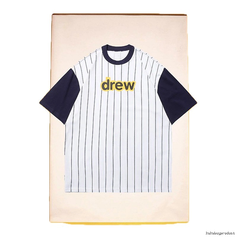 DREW Letter Print Street Style White and Navy Blue Short Sleeve T-Shirt