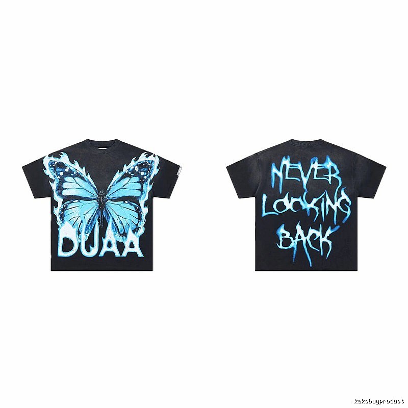DUAA Butterfly Print Street Style Black and Blue Short-sleeved T-shirt