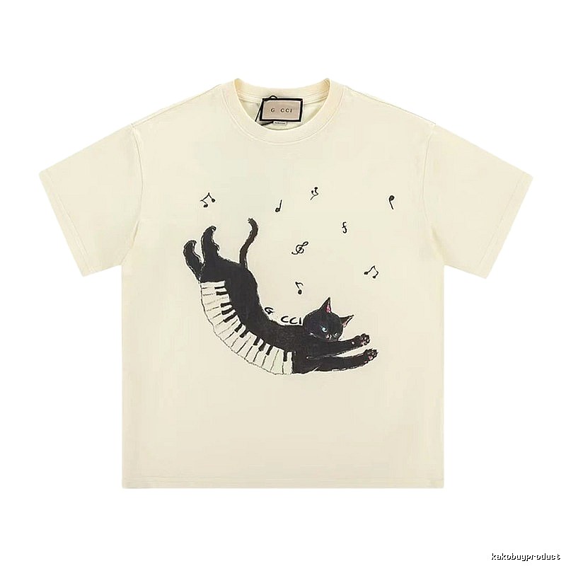 Gucci Artistic Style Cat Print Off-white Short-sleeve T-shirt
