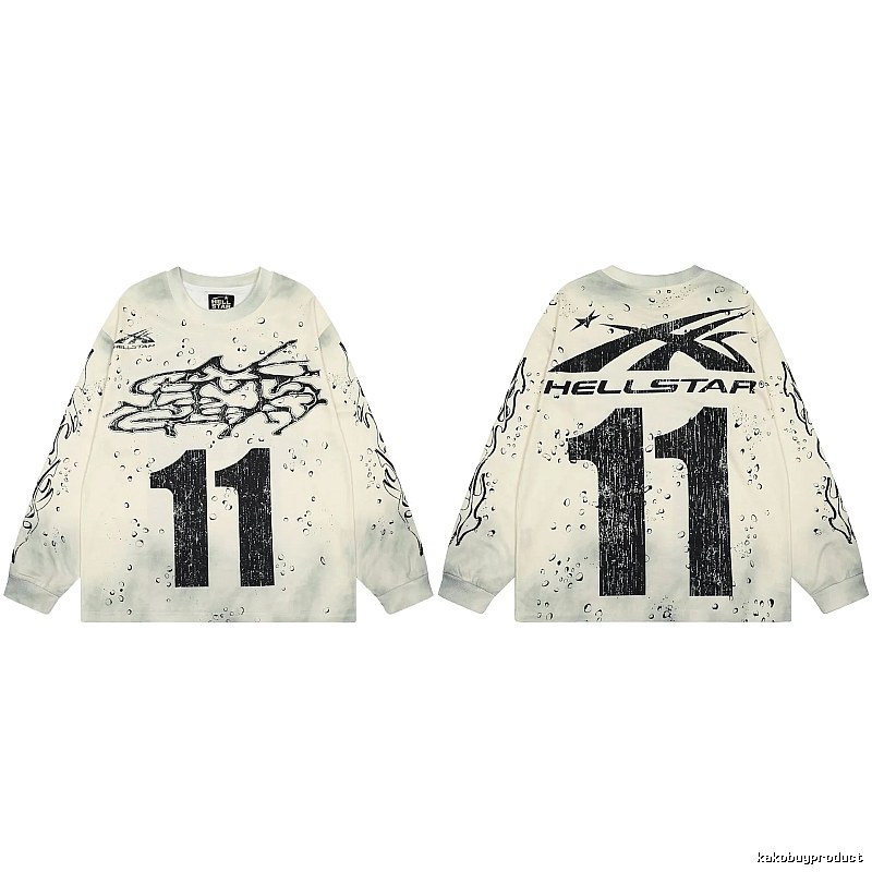 Hellstar No.11 Distressed Street Style Off-white Long Sleeve T-shirt