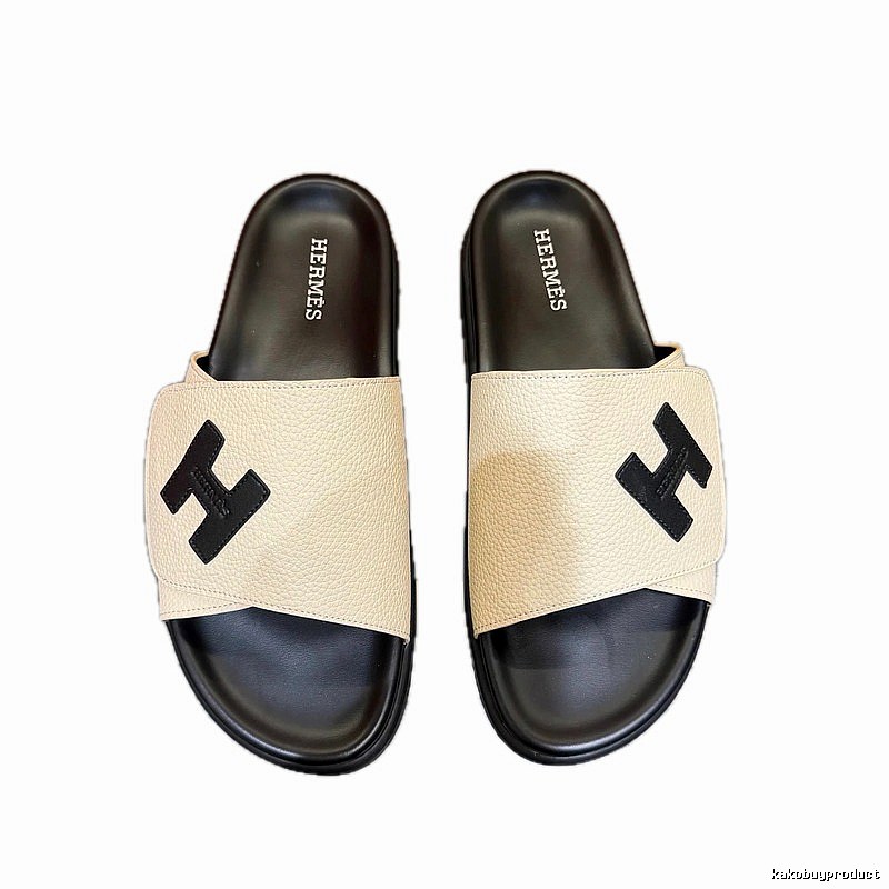 Hermès H Series Minimalist Style Beige and Black Slide Slippers