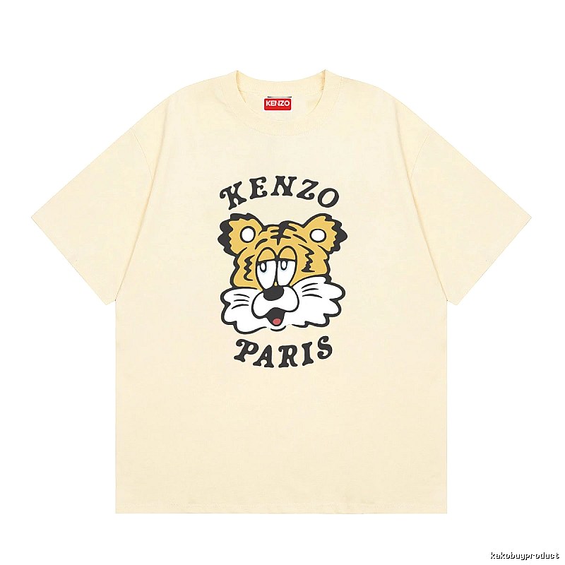 KENZO Tiger Head Print Trendy Style Beige T-shirt