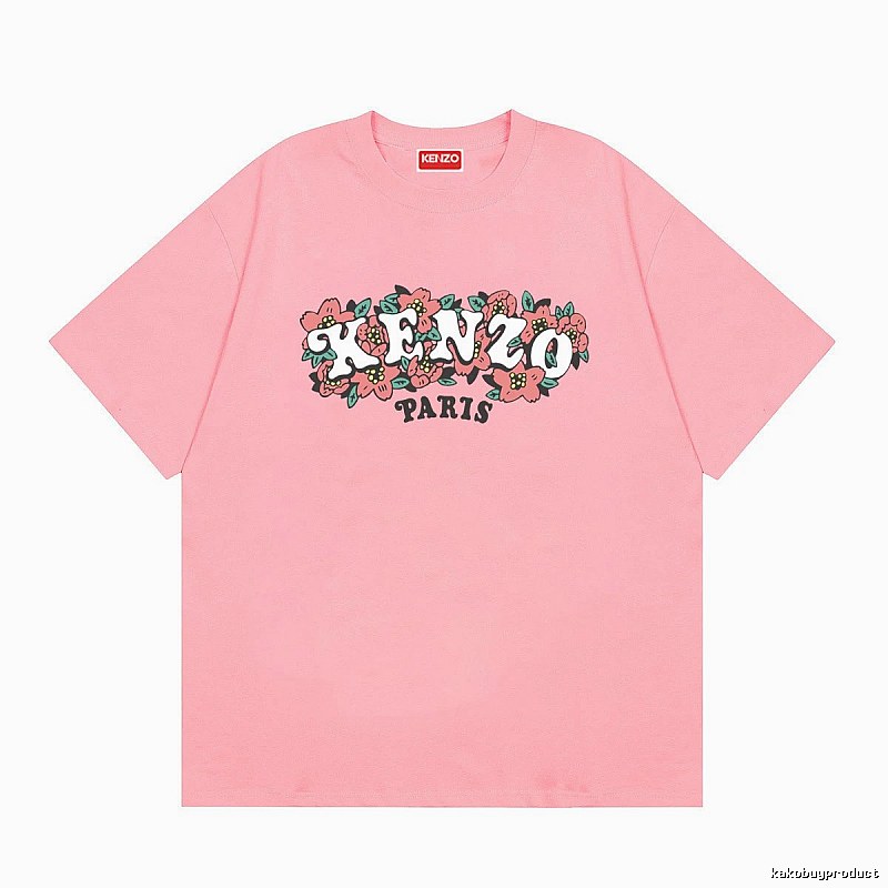 KENZO Trendy Pink Floral Print Short Sleeve T-shirt