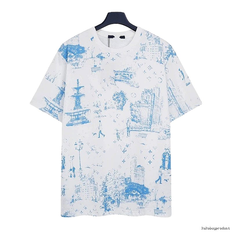 Louis Vuitton City Print Casual Style White and Blue T-Shirt