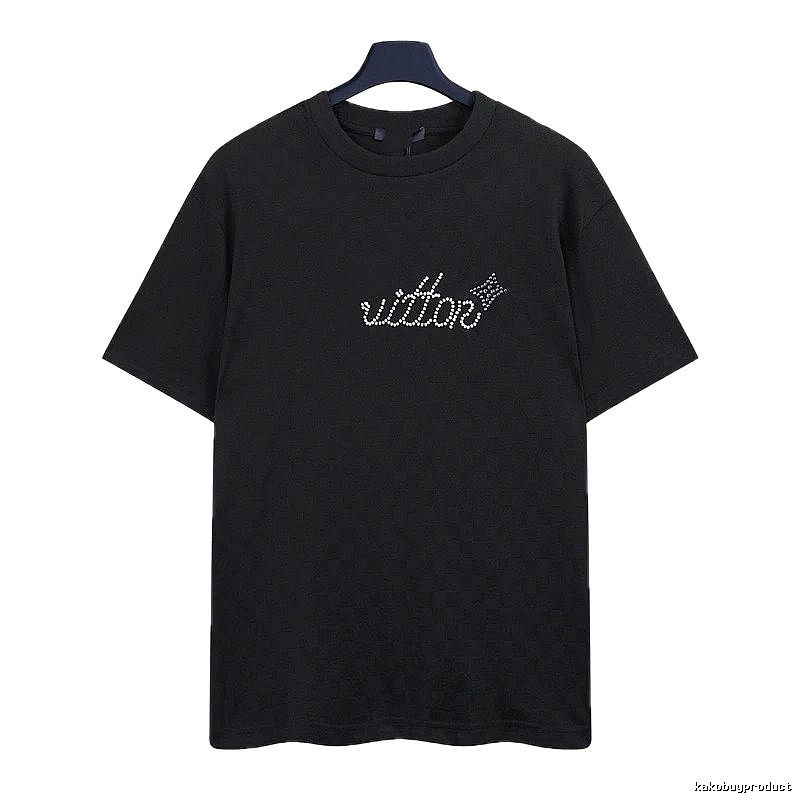 Louis Vuitton Rhinestone-embellished Streetwear Style Black Short-sleeve T-shirt