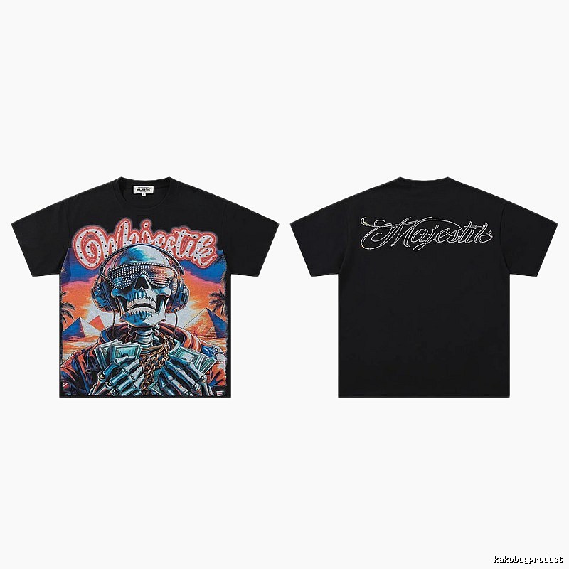 MAJESTIK Skull Print Hip-hop Style Black T-shirt