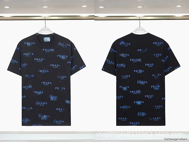 Prada All-over Printed Streetwear Style Black Short-sleeve T-shirt