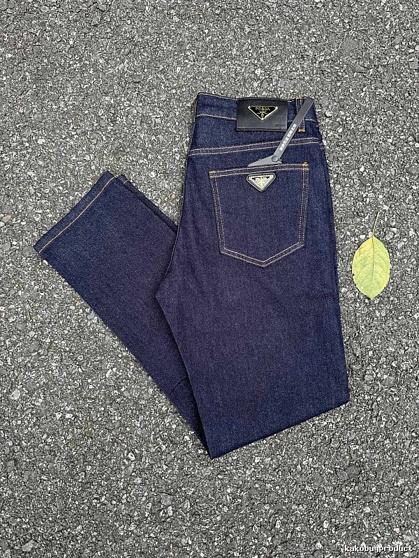Prada Dark Indigo Logo Jeans with triangle badge hardware and contrast pocket stitching