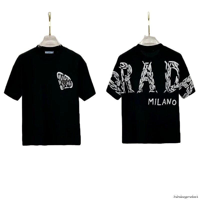 Prada Embroidered Streetwear Style Black Short-sleeve T-shirt