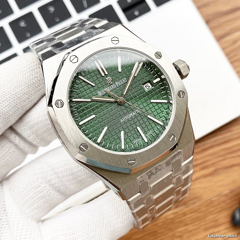 Royal Oak Automatic Watch in Silver And Green with green textured dial and integrated metal bracelet - Audemars Piguet