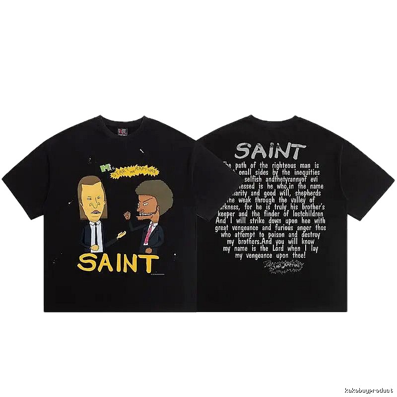 SAINT Cartoon Print American Style Black T-Shirt