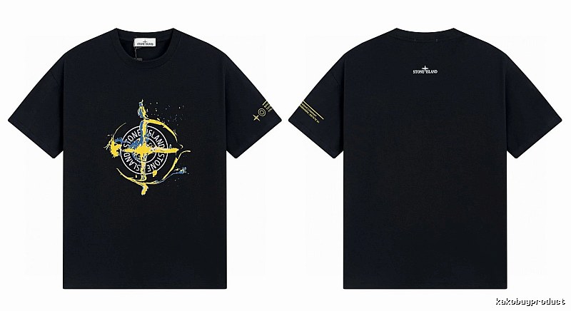 Stone Island Ink-splattered Street Style Black Short-sleeve T-shirt