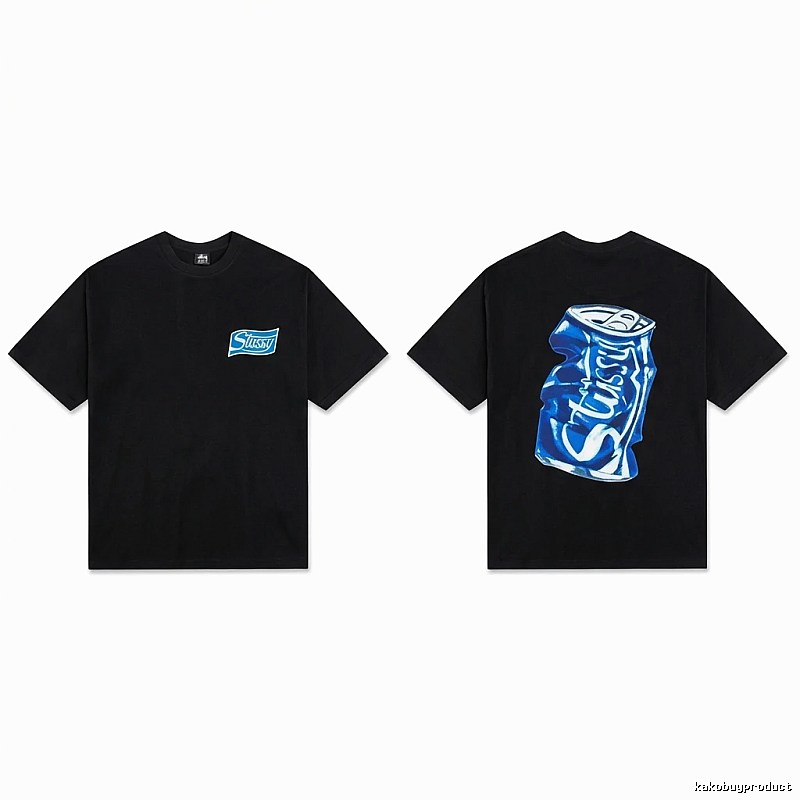 Stussy's black T-shirt with a can-style design