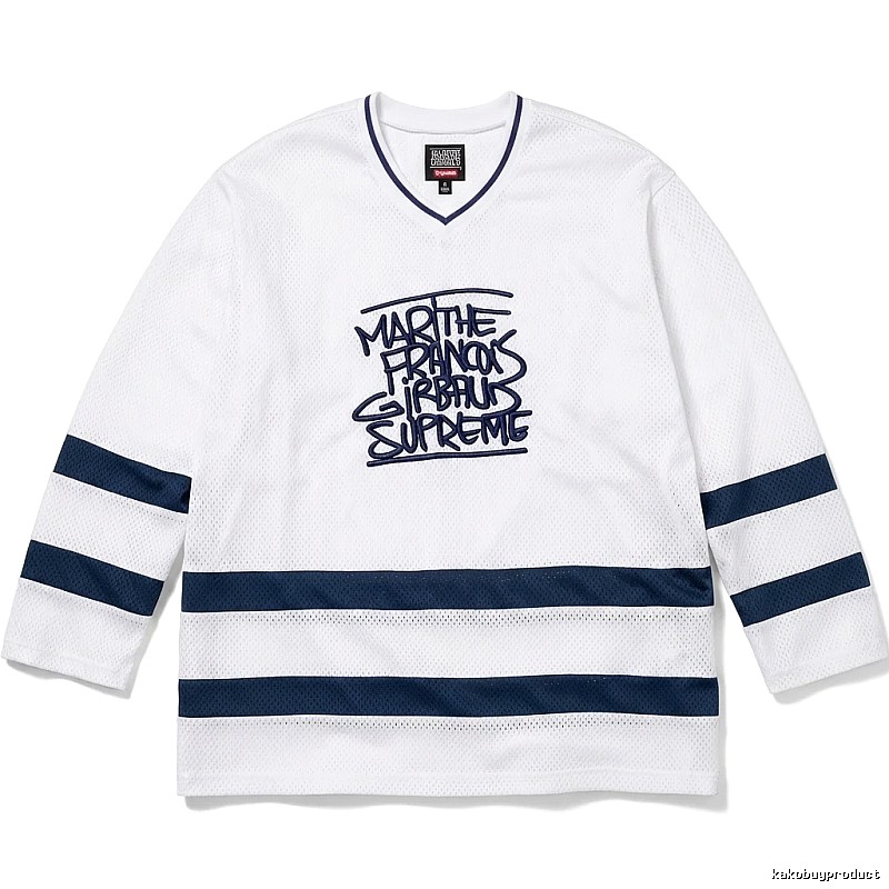 Supreme graffiti-style white and blue jersey
