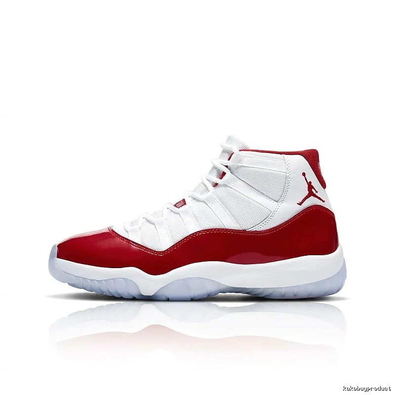 The high-top trendy shoes of Jordan 11 in red and white.