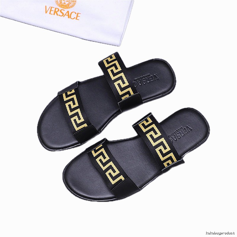 Versace Greek Key Light Luxury Black & Gold Slide Slippers